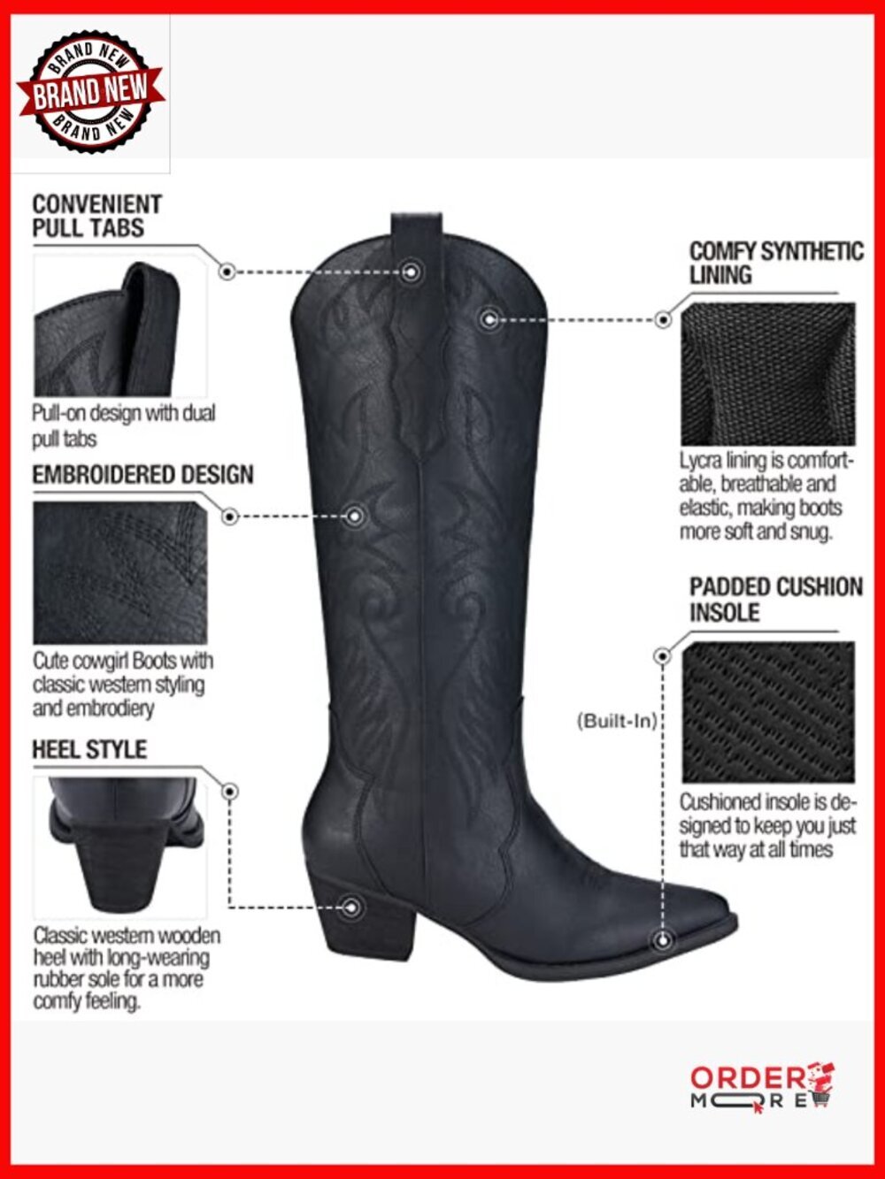 Knee-High Western Cowboy Boots with Embroidered Design and Chunky Heel - Picture 4 of 7
